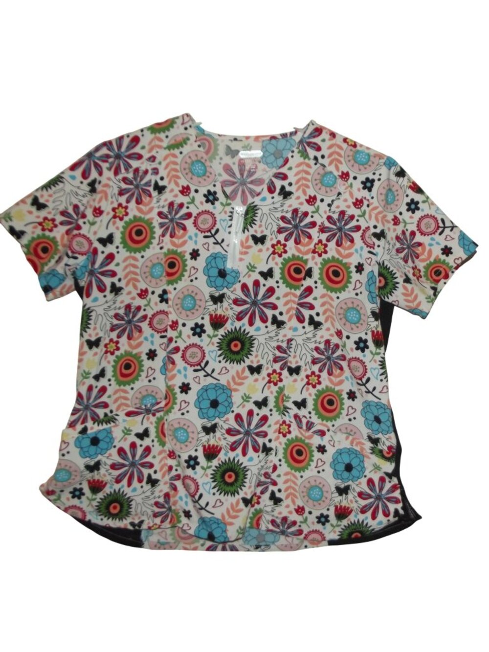 Scrubaid Scrub Top Womens 2X Tapered Fit 4-way Stretch White Floral Retro v-neck